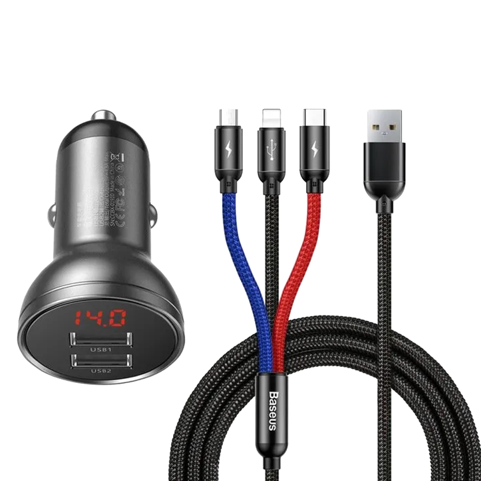 Автомобильное зарядное устройство с мультикабелем Baseus Digital Display Dual USB 4.8A 24W 