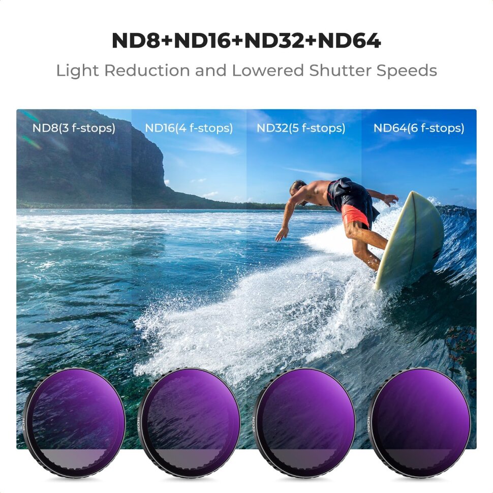 

Комплект светофильтров K&F Concept Nano-X Push-in Fit ND для DJI Osmo Action 3/4/5 Pro (4 шт)