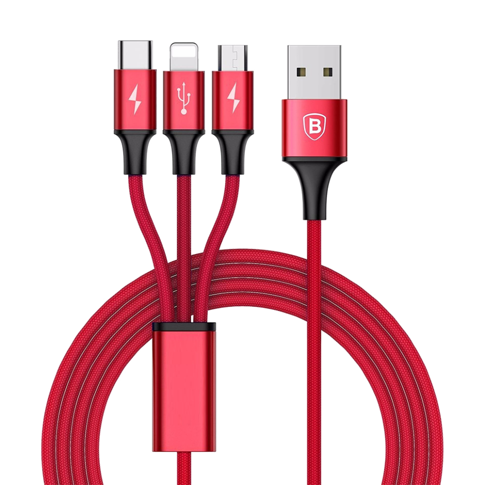 Кабель тройной Baseus Halo 3-in-1 Micro USB+Lightning+Type-C 3.5A 1.2м Красный 