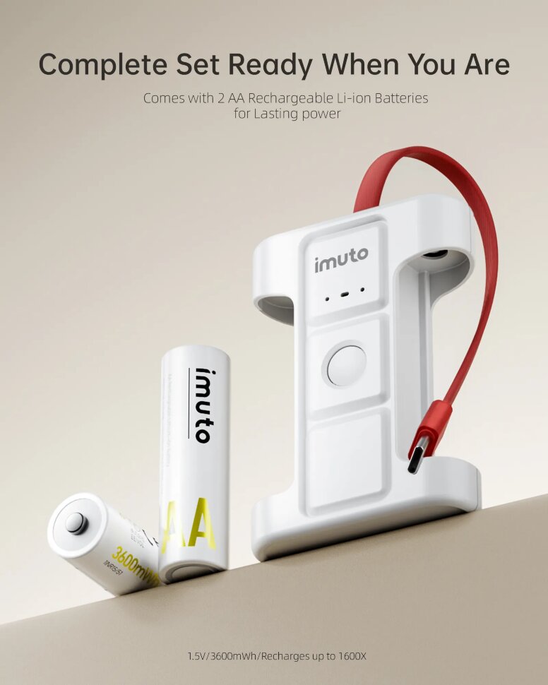 4 аккумуляторные батарейки Imuto AA 3600 mWh + зарядный кейс 2AA Dual Station Pro