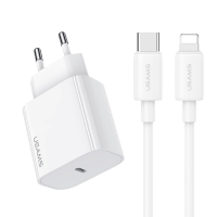 Артикул: 80044. Сетевой адаптер USAMS CC226 PD20W Белый + кабель Lightning 30W