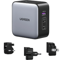 Артикул: 70655. Сетевой адаптер Ugreen CD296 GaN 65W со сменными вилками Серый