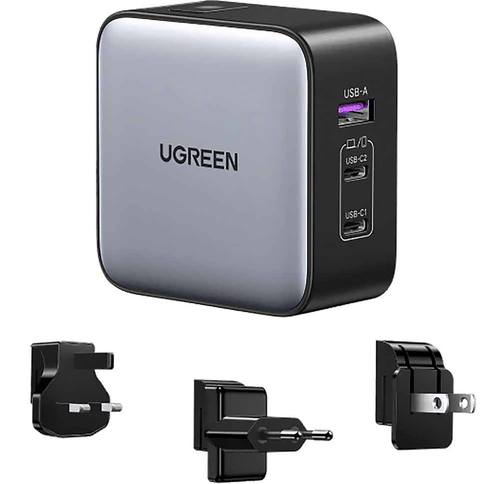 Сетевой адаптер Ugreen CD296 GaN 65W со сменными вилками Серый 