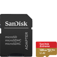 Артикул: 21478. Карта памяти SanDisk Extreme microSDXC A2 C10 V30 UHS-I U3 128GB для экшн камер и дронов + SD Adapter