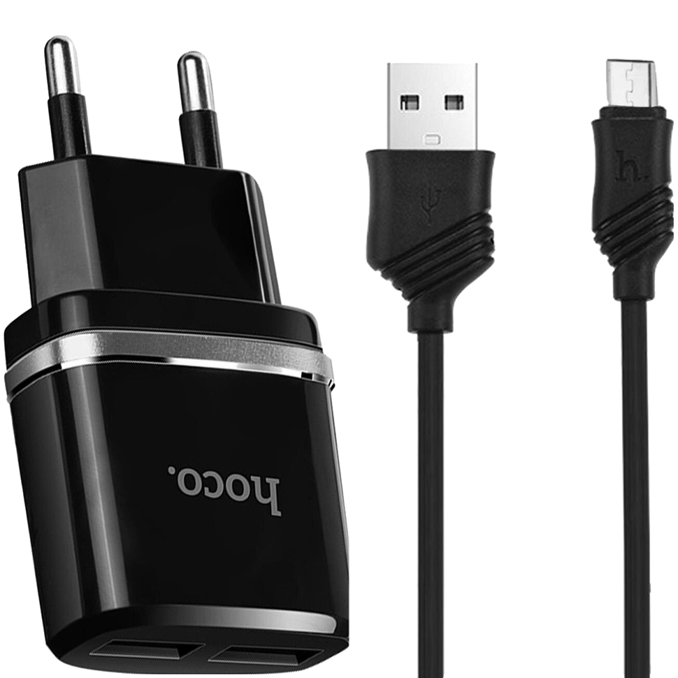 Сетевой адаптер HOCO C12 Smart Чёрный + кабель MicroUSB 1м 