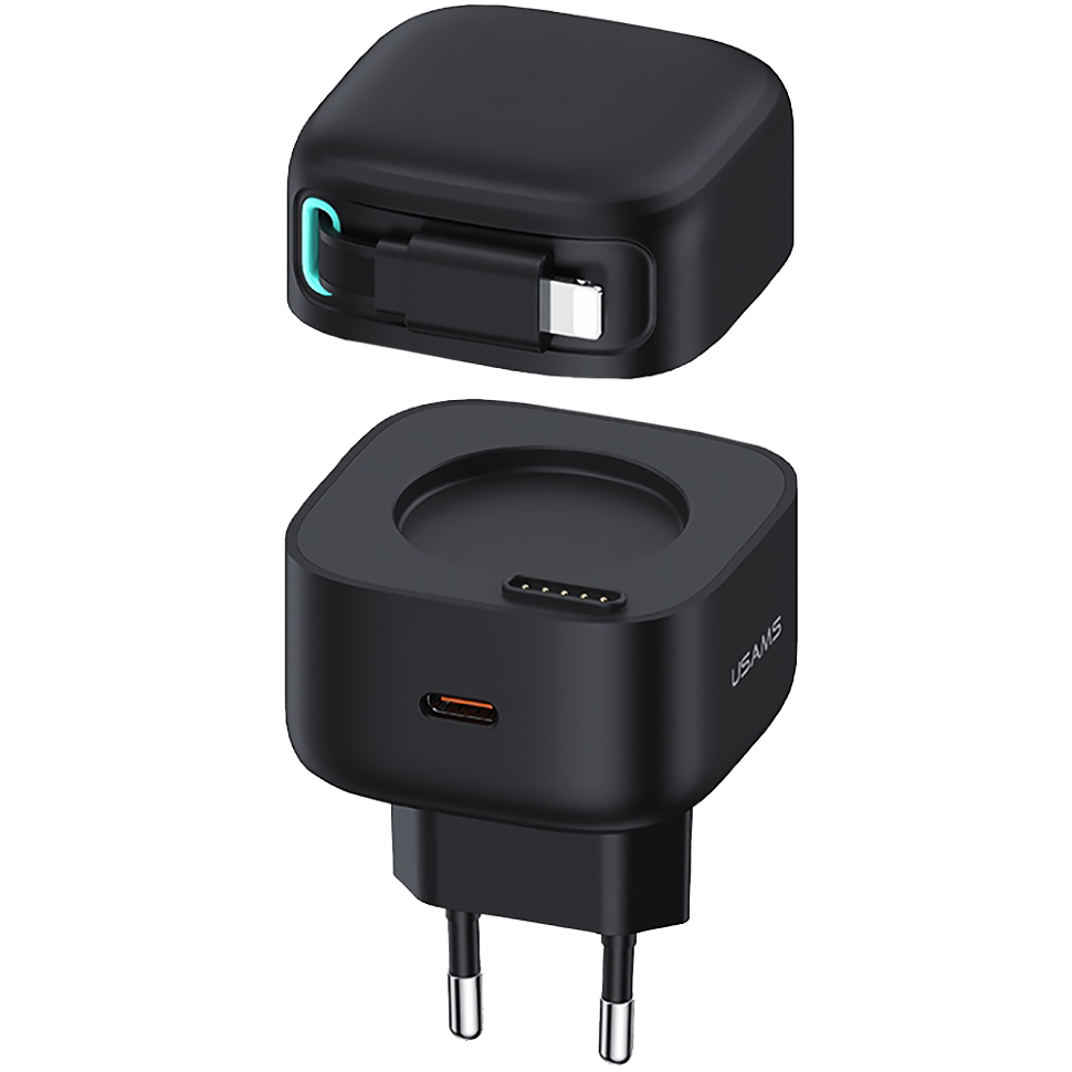 Сетевой адаптер Usams US-CC209 XMF PD35W GaN с телескопическим кабелем Lightning Чёрный 