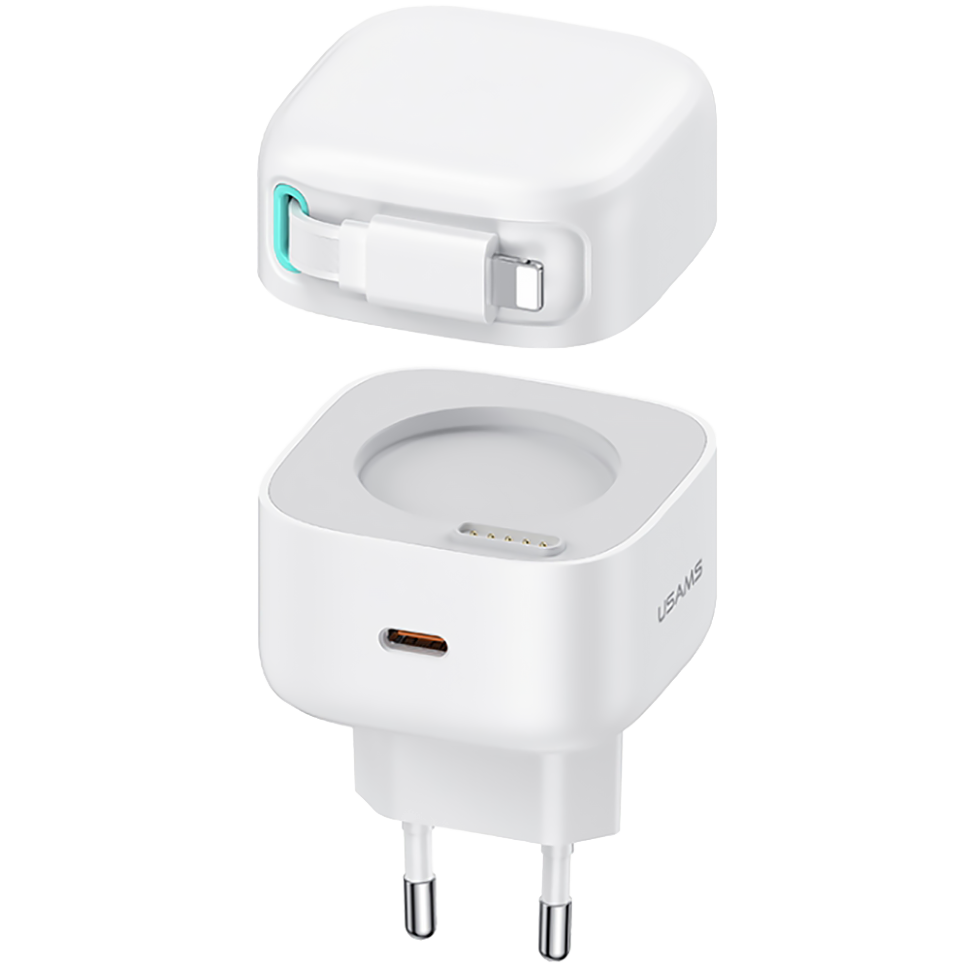 Сетевой адаптер Usams US-CC209 XMF PD35W GaN с телескопическим кабелем Lightning Белый 