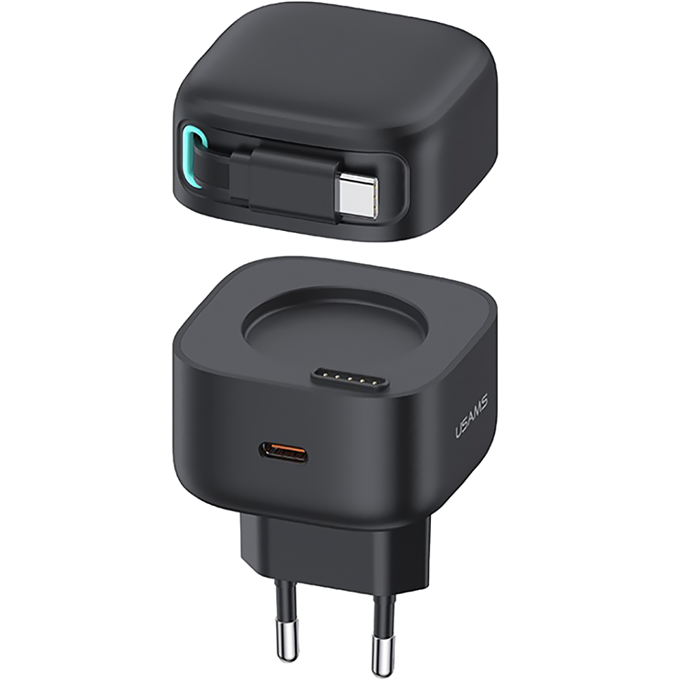 Сетевой адаптер Usams US-CC202 XMF PD35W GaN с телескопическим кабелем Type-C Чёрный 