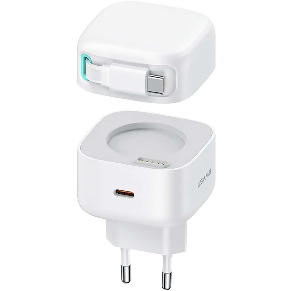 Сетевой адаптер Usams US-CC202 XMF PD35W GaN с телескопическим кабелем Type-C Белый 